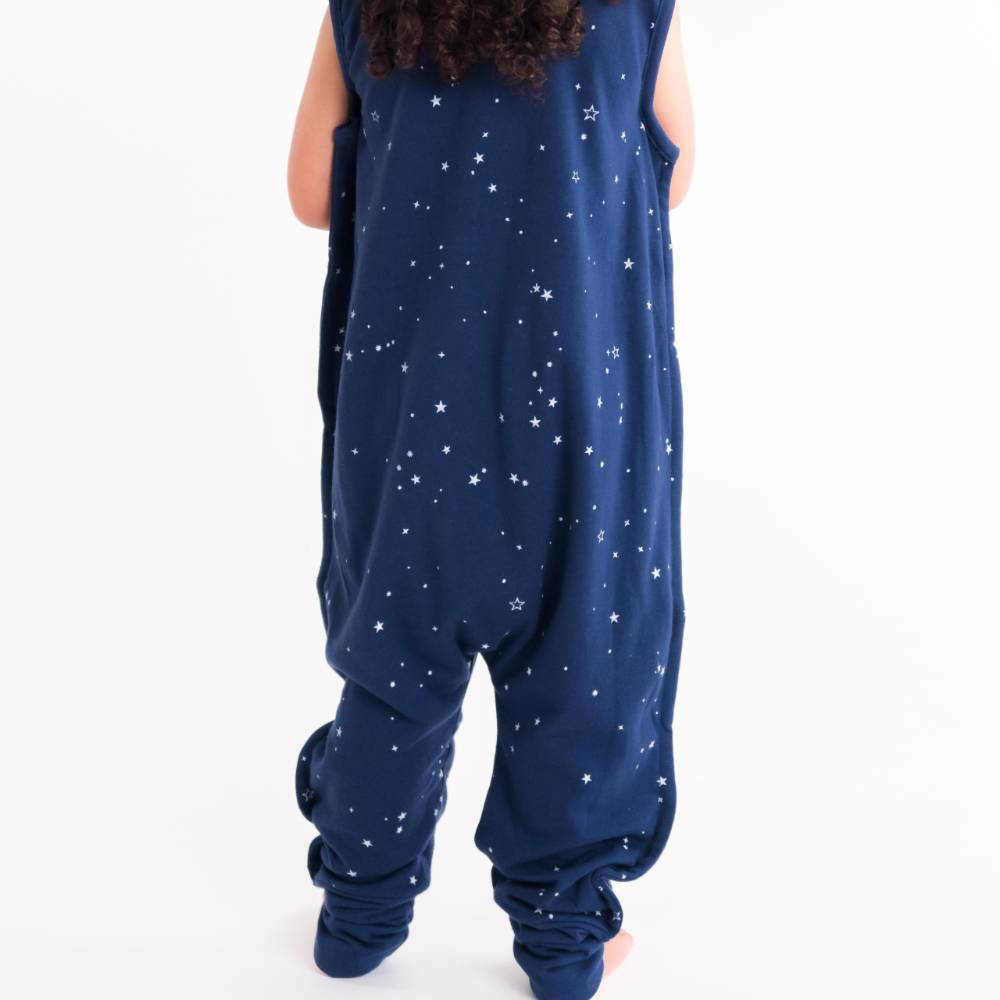 Navy blue outfit with star patterns on a white background