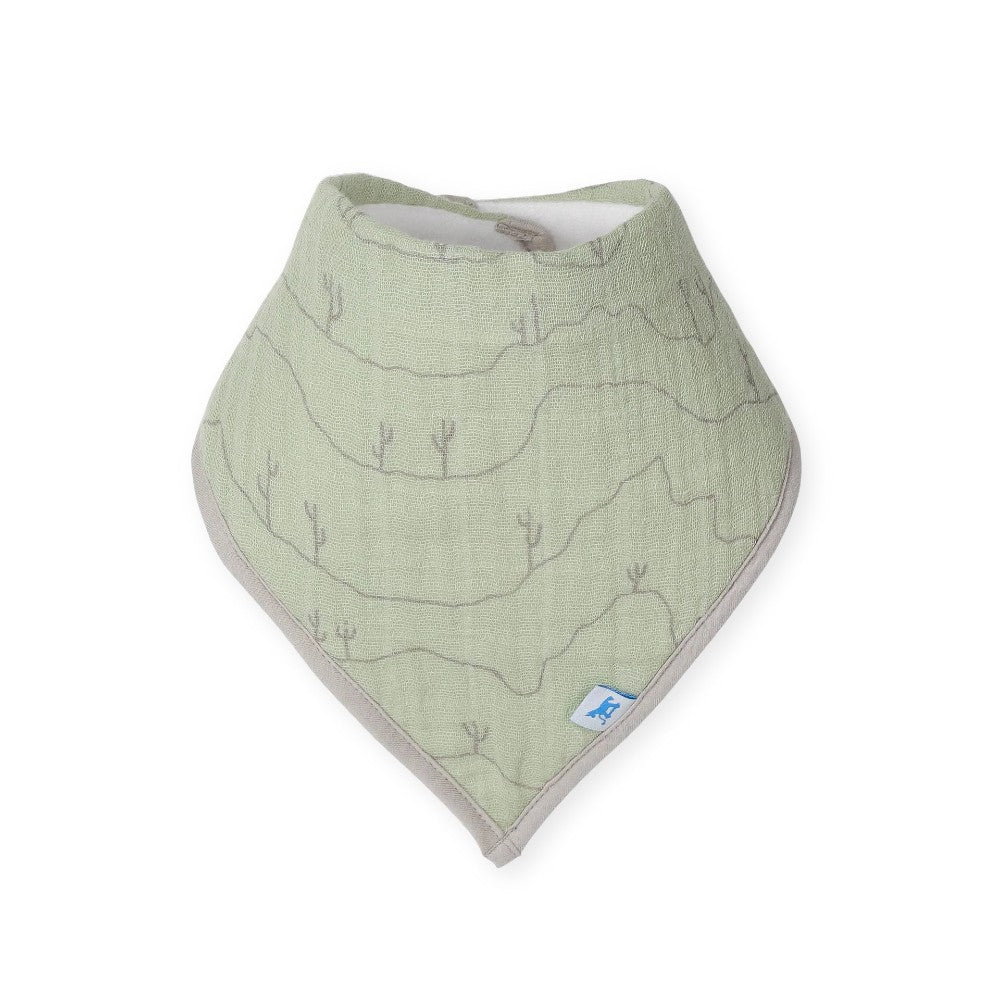Green Cotton muslin Baby bandana bib with desert line design on a white background