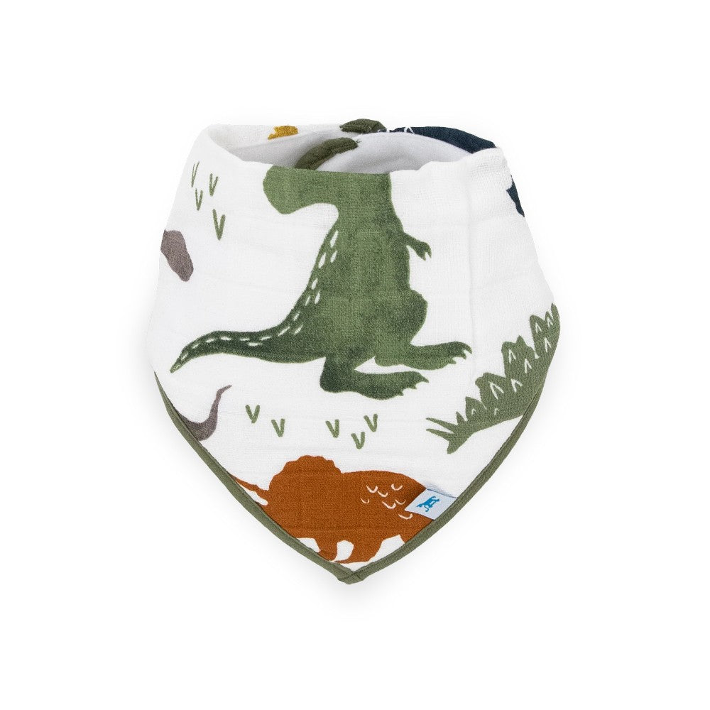 Cotton muslin Baby bandana bib with dinosaur design on a white background