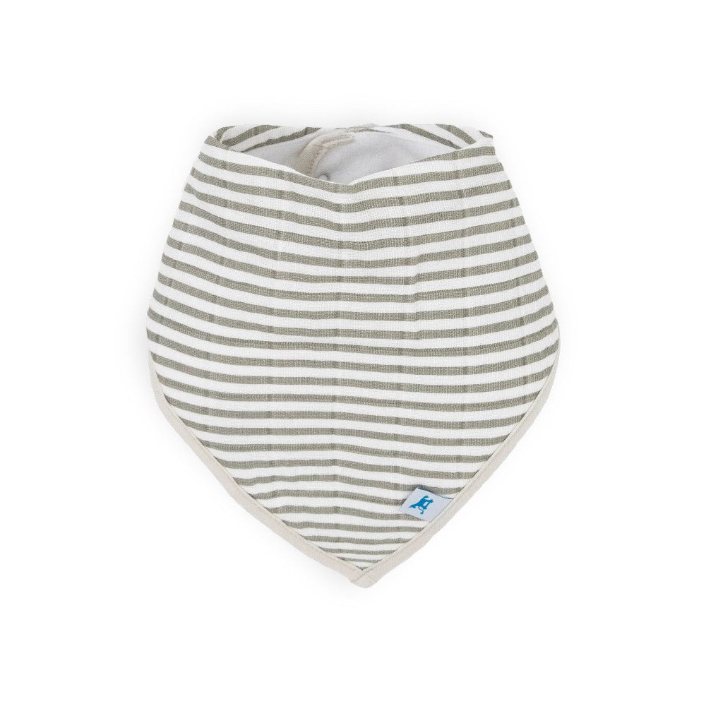 Cotton muslin Baby bandana bib with grey stripe design on a white background