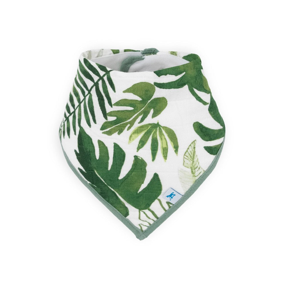 Cotton muslin Baby bandana bib with green leaf design on a white background