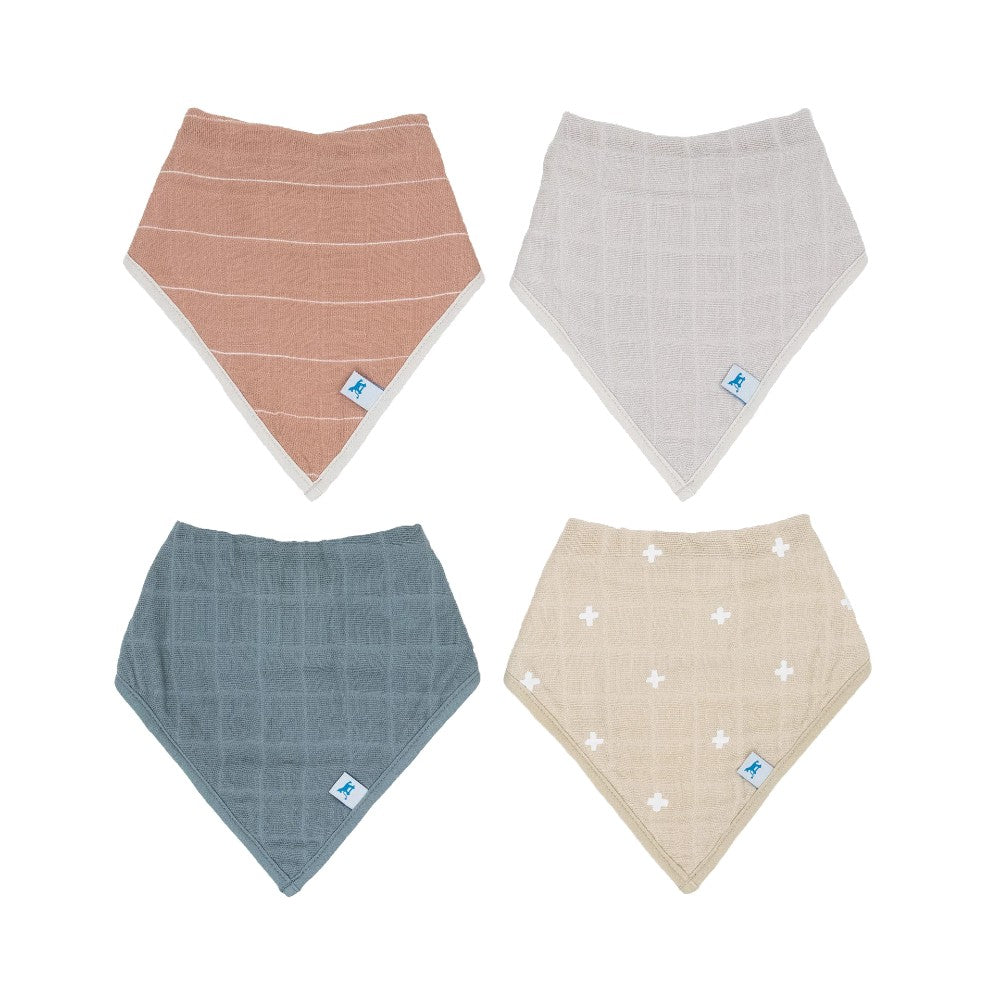 Four baby muslin bandana bibs in pink, blue, grey and tan cross on a white background