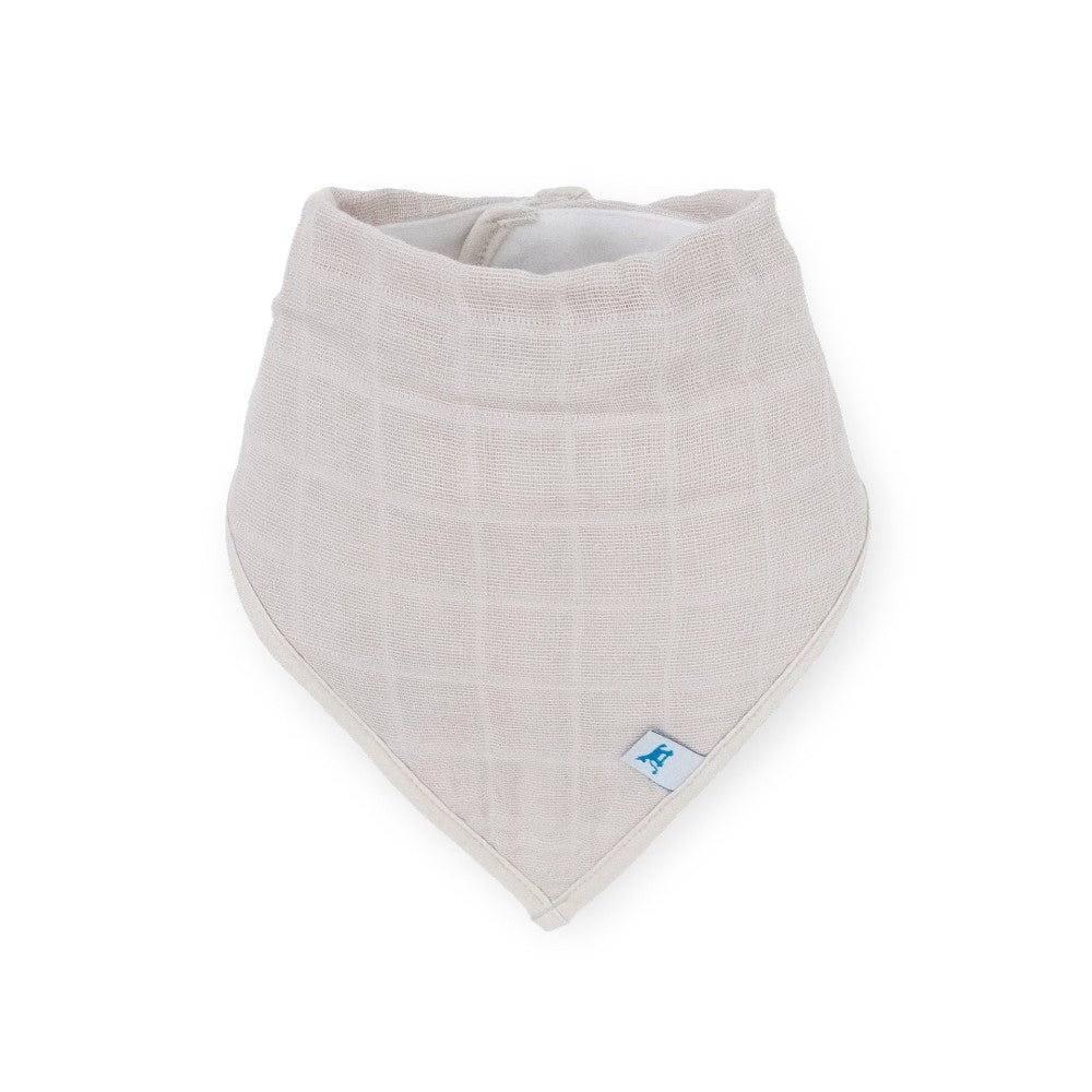 Grey muslin bandana bib on a white background