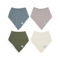 Four different solid coloured muslin bandana bibs in sea blue, grey, fern green and cream on a white background