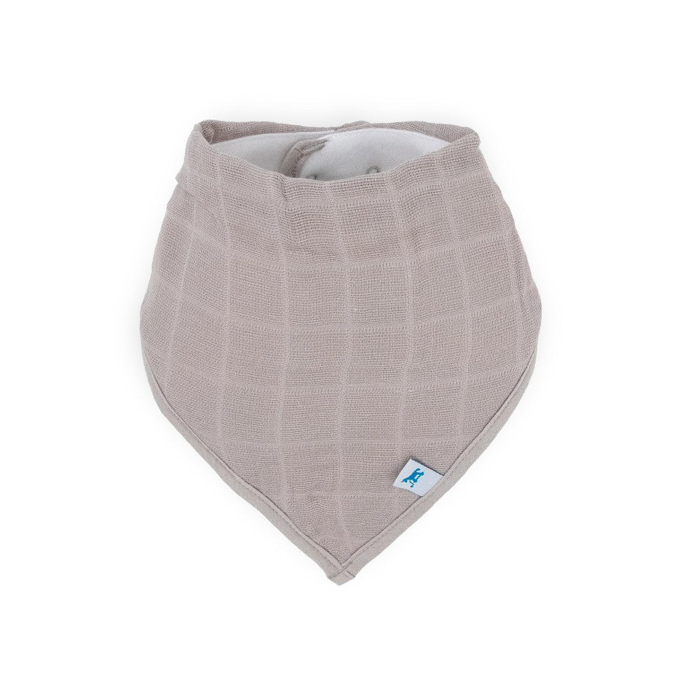 Grey baby muslin bandana bib on a white background 