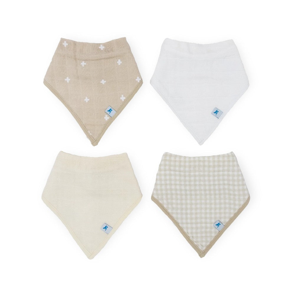 Four baby bandana bibs in beige, white, and cream colors and cross and ginham patterns on a white background