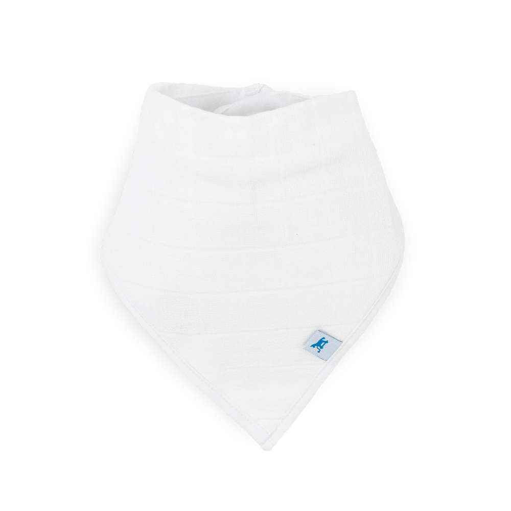 White baby bandana bib with little unicorn brand logo on a white background