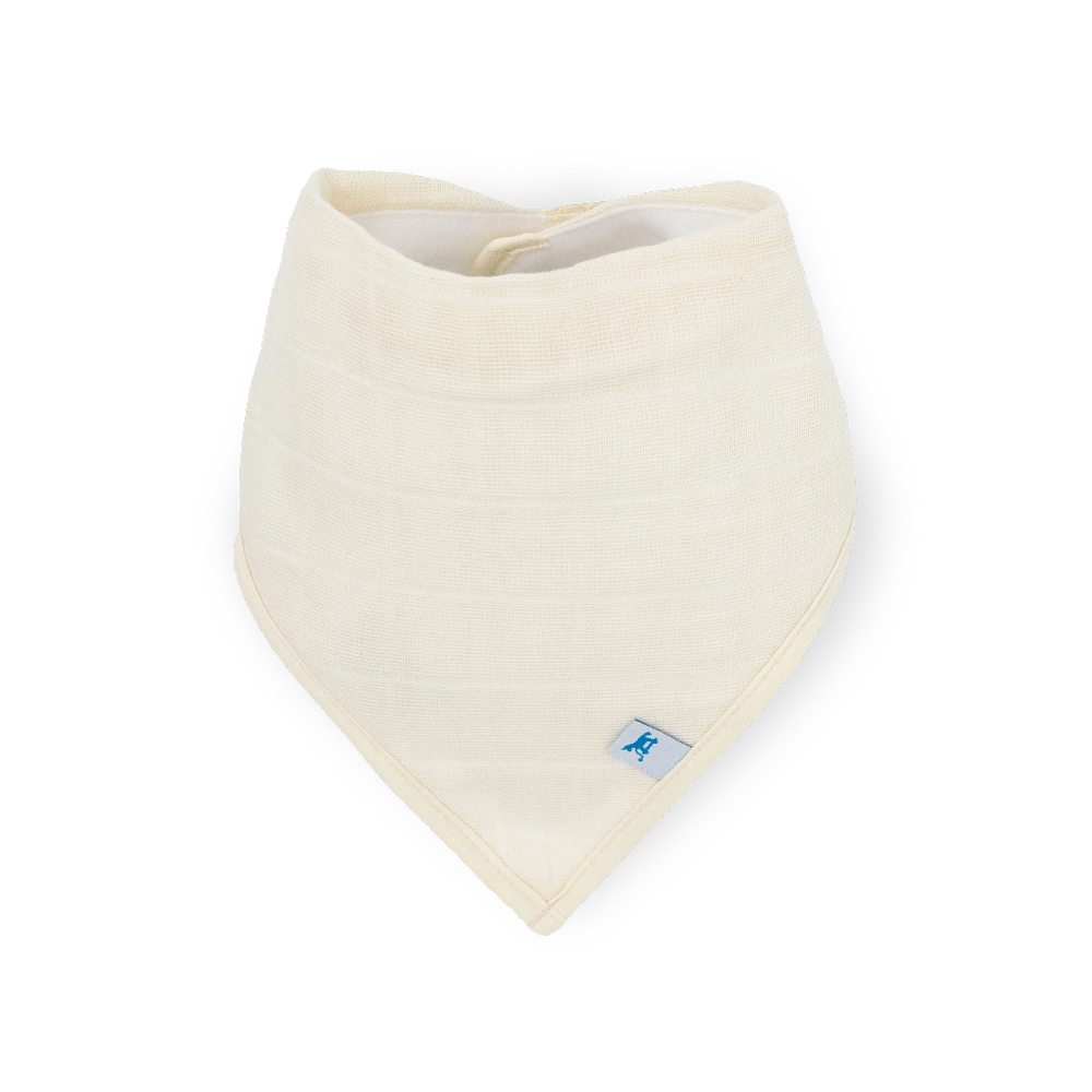 Beige baby bandana bib with  little unicorn brand logo on a white background