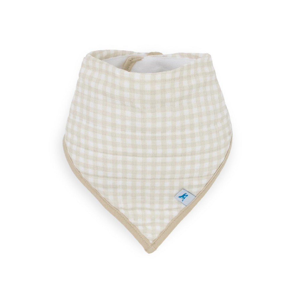 Beige gingham baby bandana bib with  little unicorn brand logo on a white background