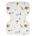 White Cotton muslin burp cloth with animal pattern and blue dots on a white background
