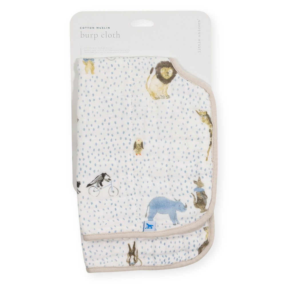 Baby burp cloth in packaging with animal pattern on a white background