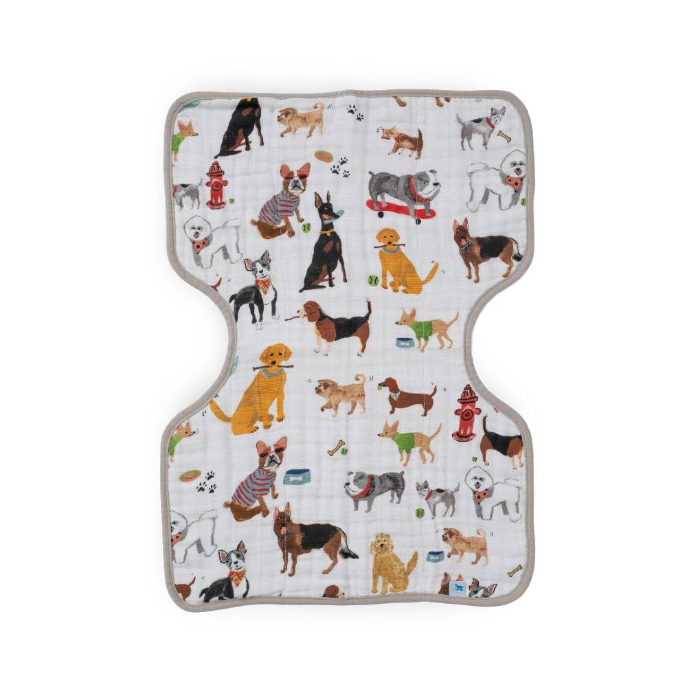 White Dog themed textured muslin cotton burp cloth on a white background
