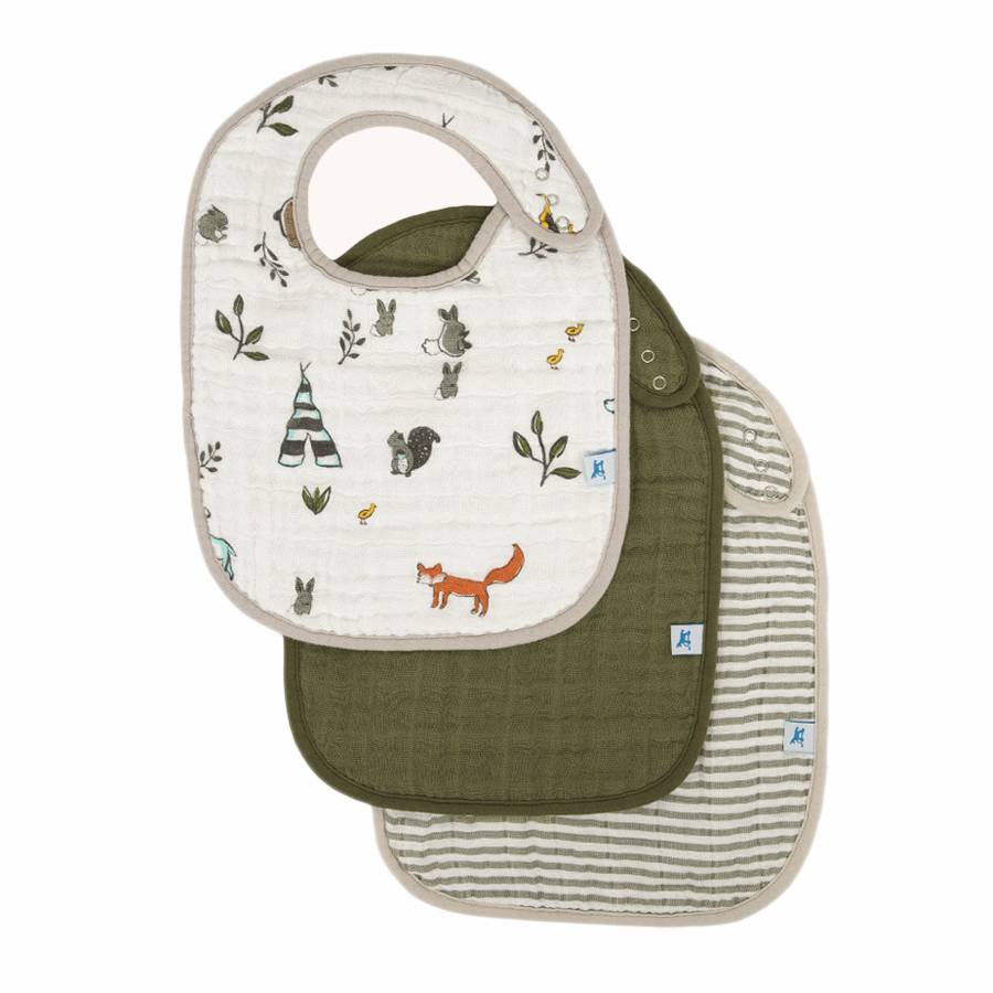 Set of three cotton muslin baby bibs with nature-themed print, fern green and grey striped designs on a white background