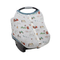 Cotton muslin white farmyard themed baby car seat cover on a white background