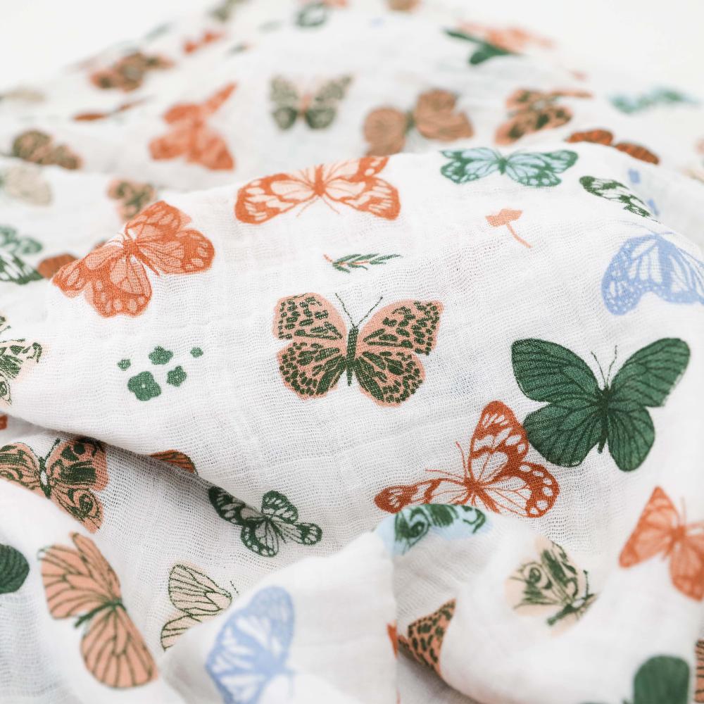 Close-up of fabric with colourful butterfly pattern on a white background