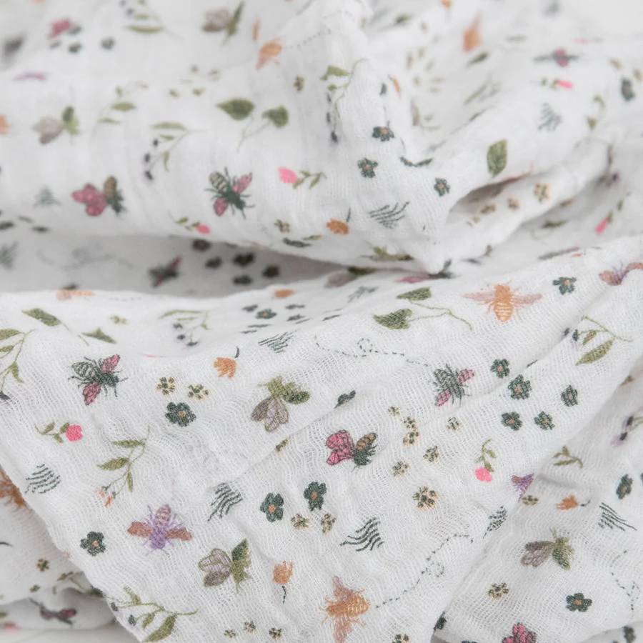 Floral patterned fabric with small flowers and leaves on a white background