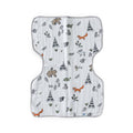 White cotton muslin burp cloth with forest animal pattern on a white background