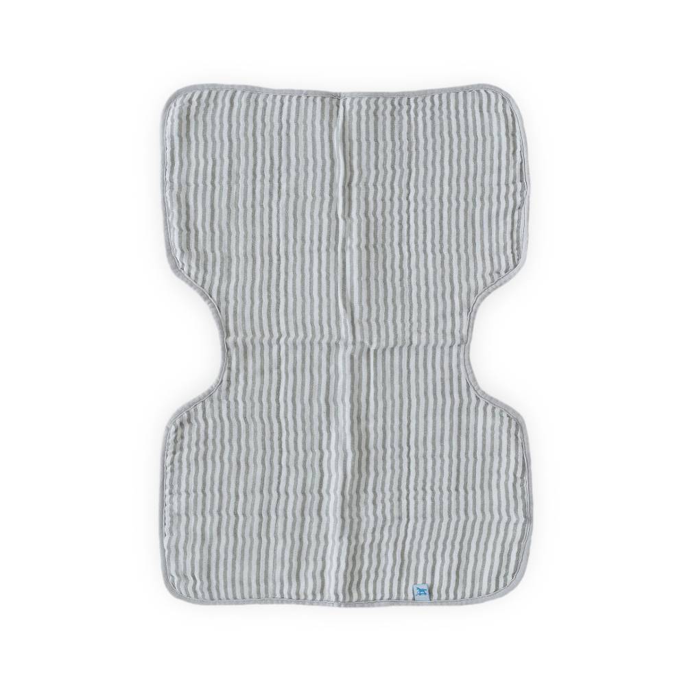 Grey striped cotton muslin burp cloth on a white background