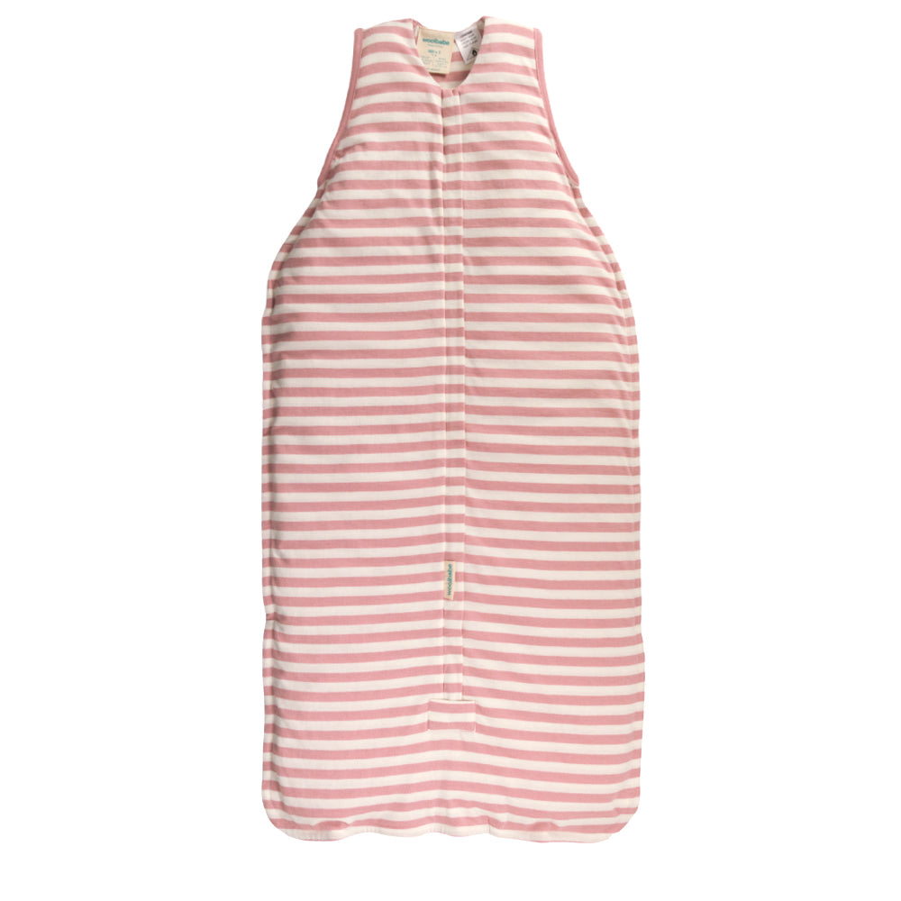 Pink and white striped woolbabe baby sleeping bag on a white background