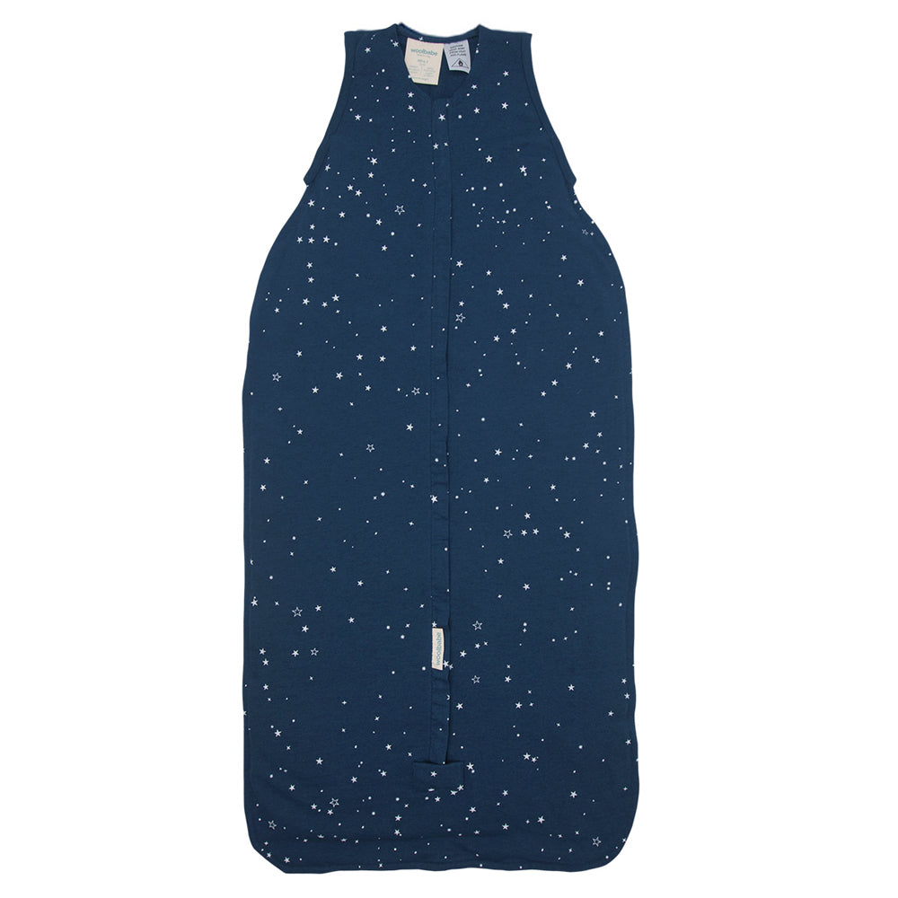 Navy blue sleeping bag with star pattern on a white background