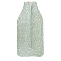 Green wilderness print baby sleeping bag with white patterns on a white background