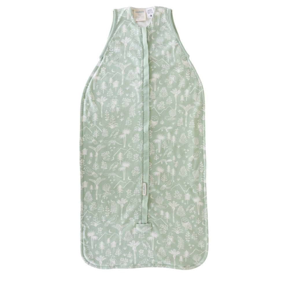 Green wilderness print baby sleeping bag with white patterns on a white background