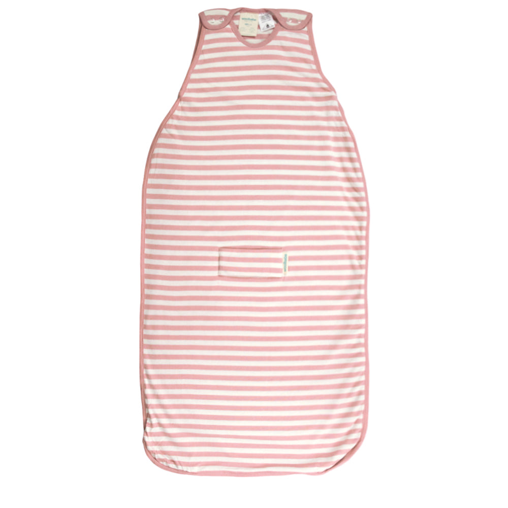 Pink and white striped woolbabe baby sleeping bag on a white background