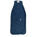 Navy blue woolbabe baby sleeping bag with star pattern on a white background