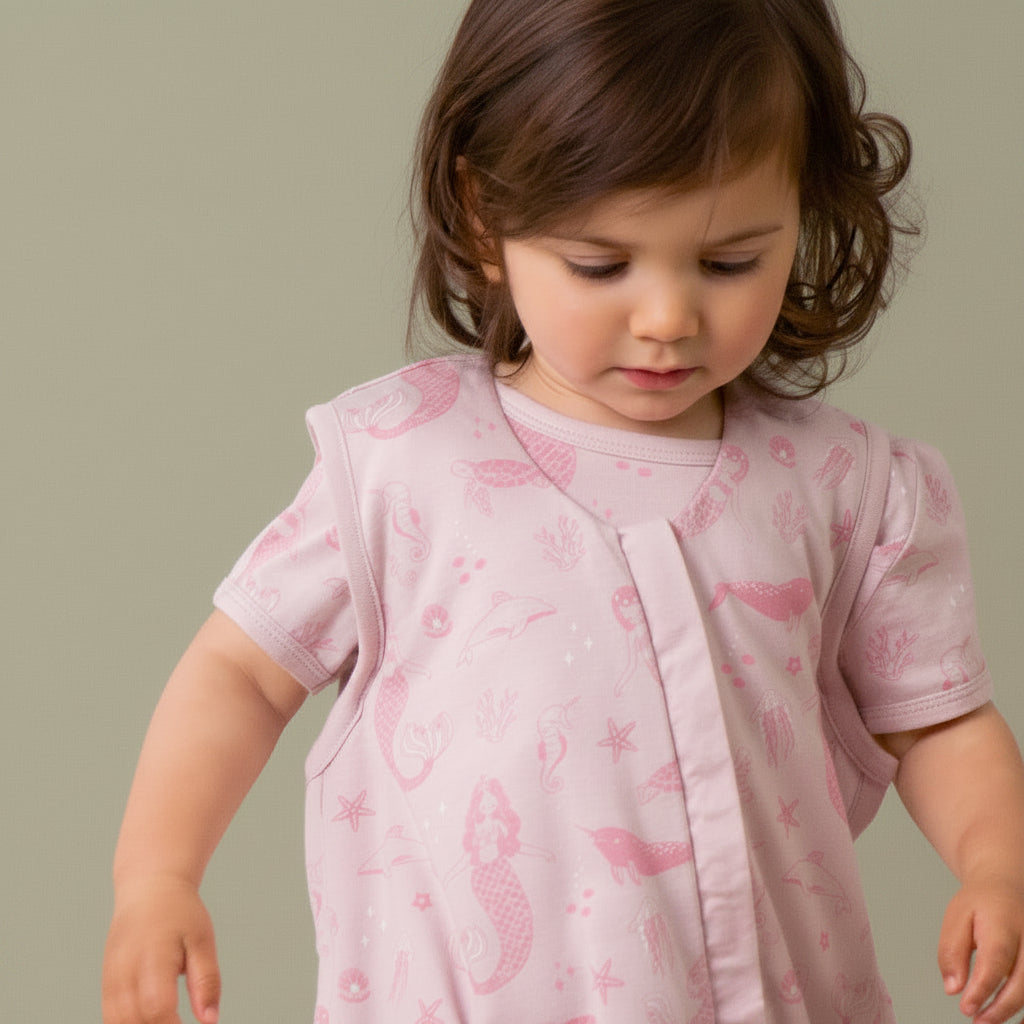 Child wearing a pink outfit with mermaid patterns, holding a pacifier.