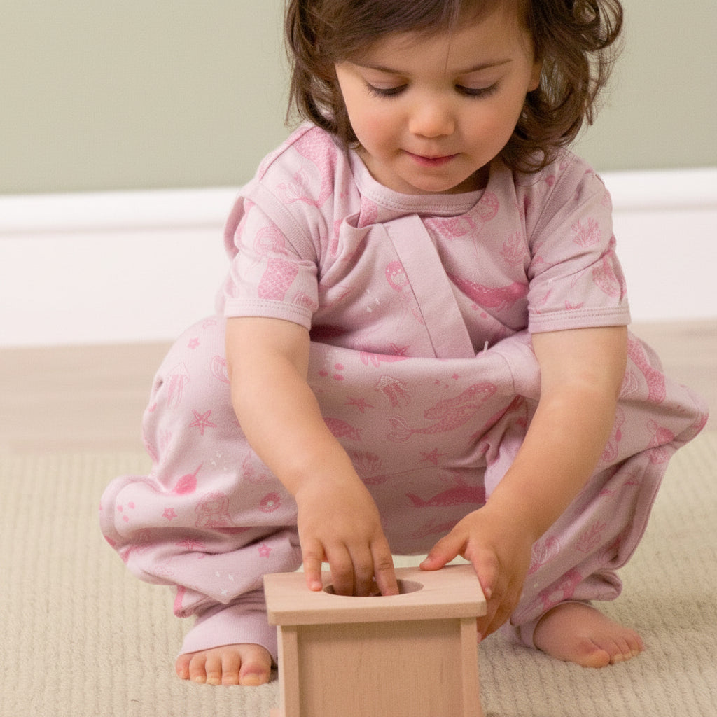Child in pink merino sleep onesie playing with a wooden block toy on a light-colored couch.