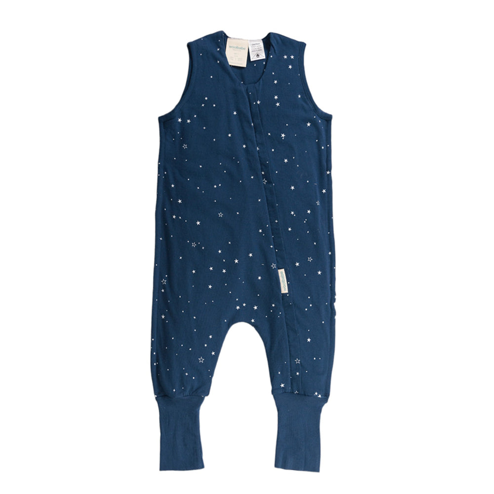 Blue sleepsuit onesie with star pattern on a white background