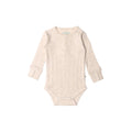Beige woolbabe Daydream rib baby bodysuit with long sleeves on a white background