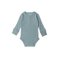 Blue ribbed long sleeve baby bodysuit on a white background