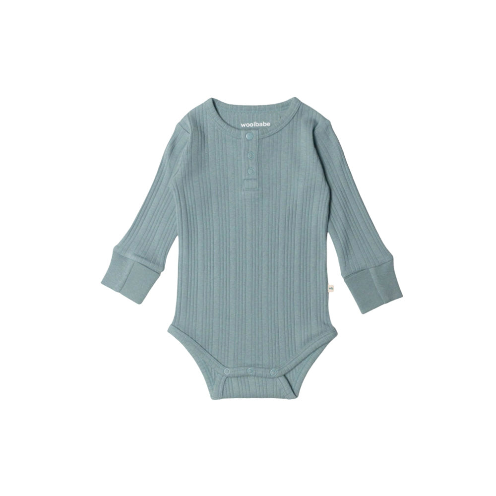 Blue ribbed long sleeve baby bodysuit on a white background