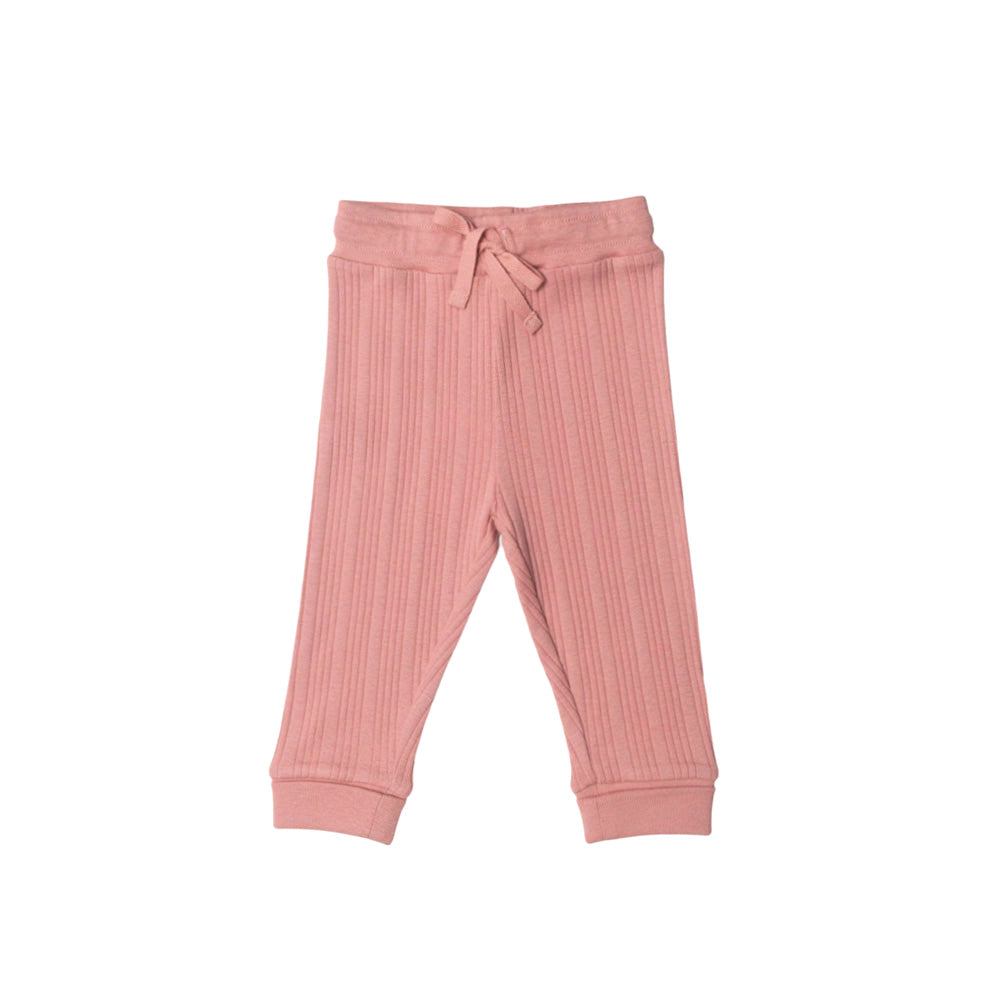 Pink ribbed merino baby pants on a white background