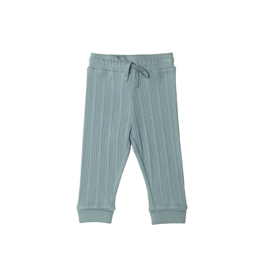 Light blue ribbed woolbabe drawstring baby pants on a white background