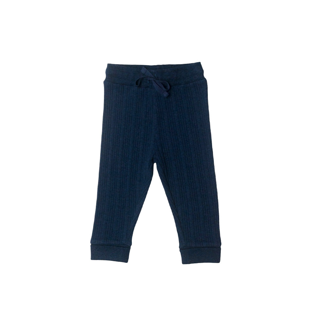 Navy blue ribbed baby drawstring pants on a white background