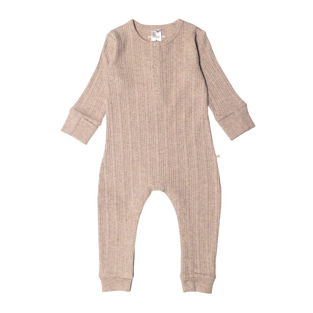 Beige marl woolbabe baby onesie on a white background