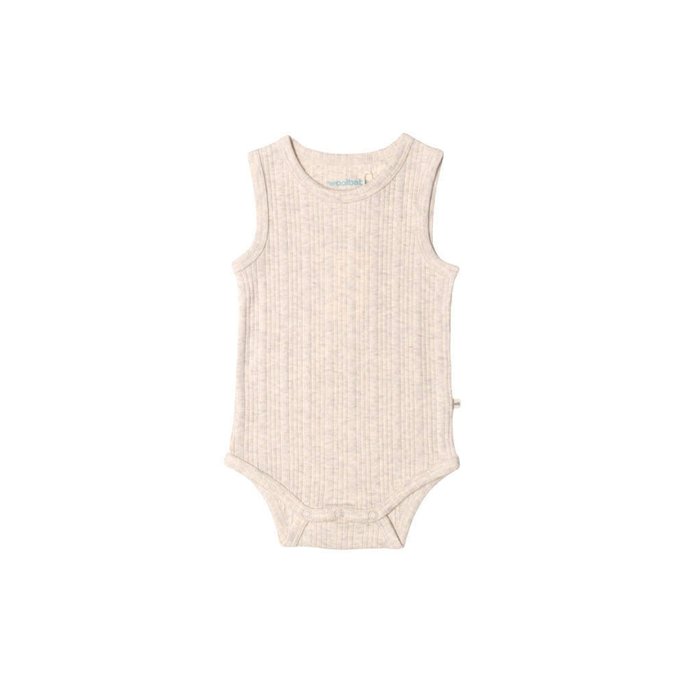 Cream marl merino sleeveless baby bodysuit on a white background