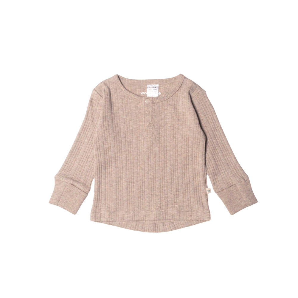 Beige textured long-sleeve woolbabe henley snap top on a white background
