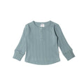 Teal ribbed long-sleeve rib merino children's top on a white background
