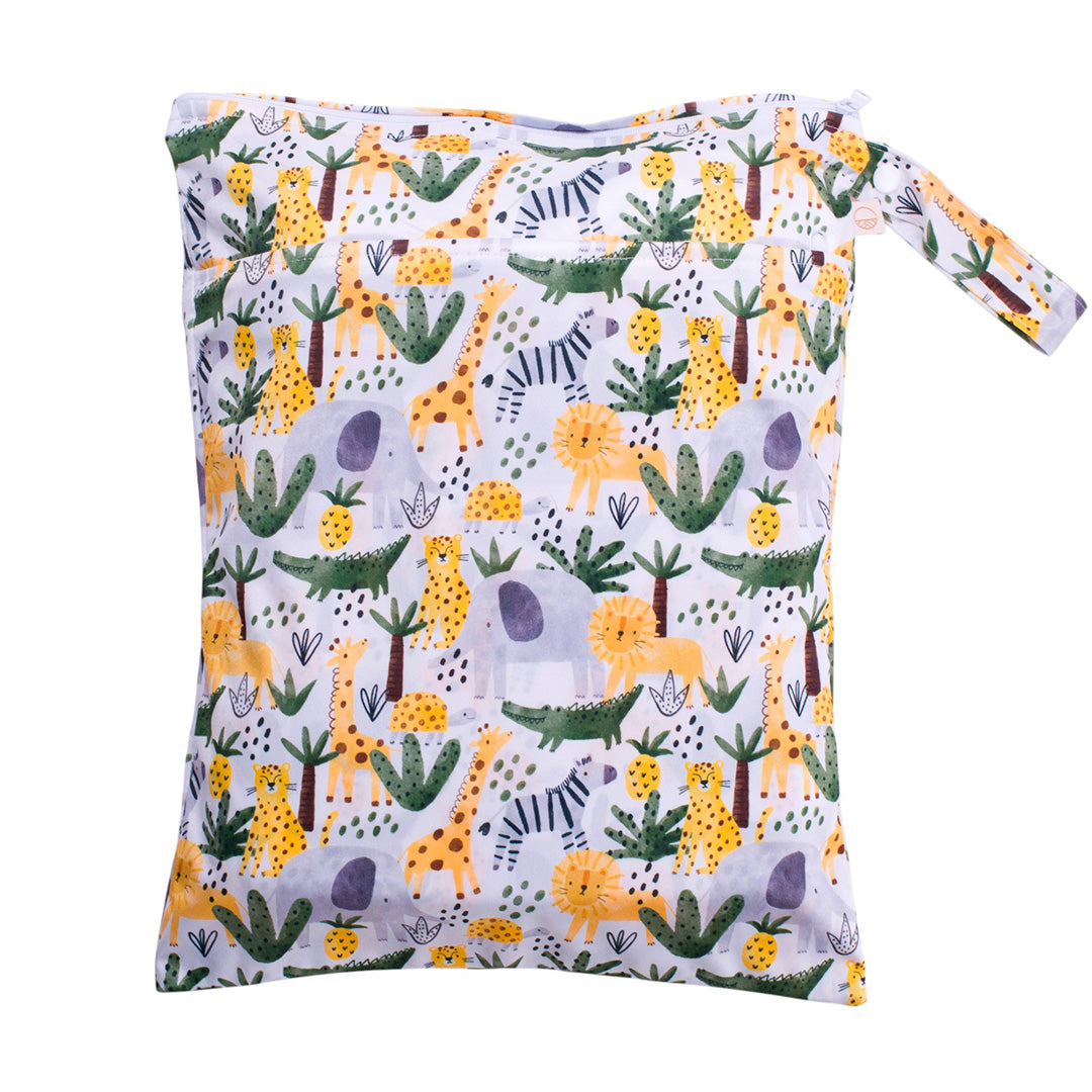 Children's wet bag with a colorful animal pattern on a white background