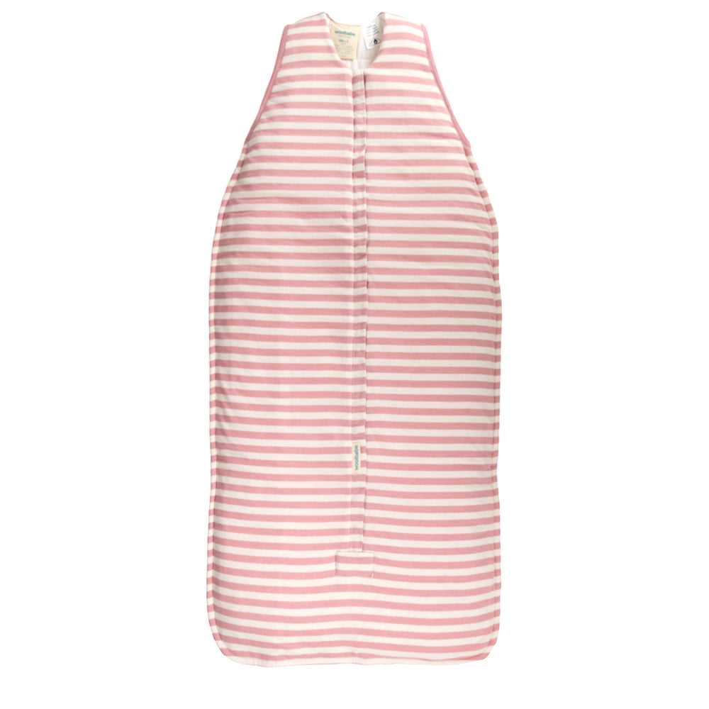 Pink and white striped sleeveless woolbabe sleeping bag on a white background