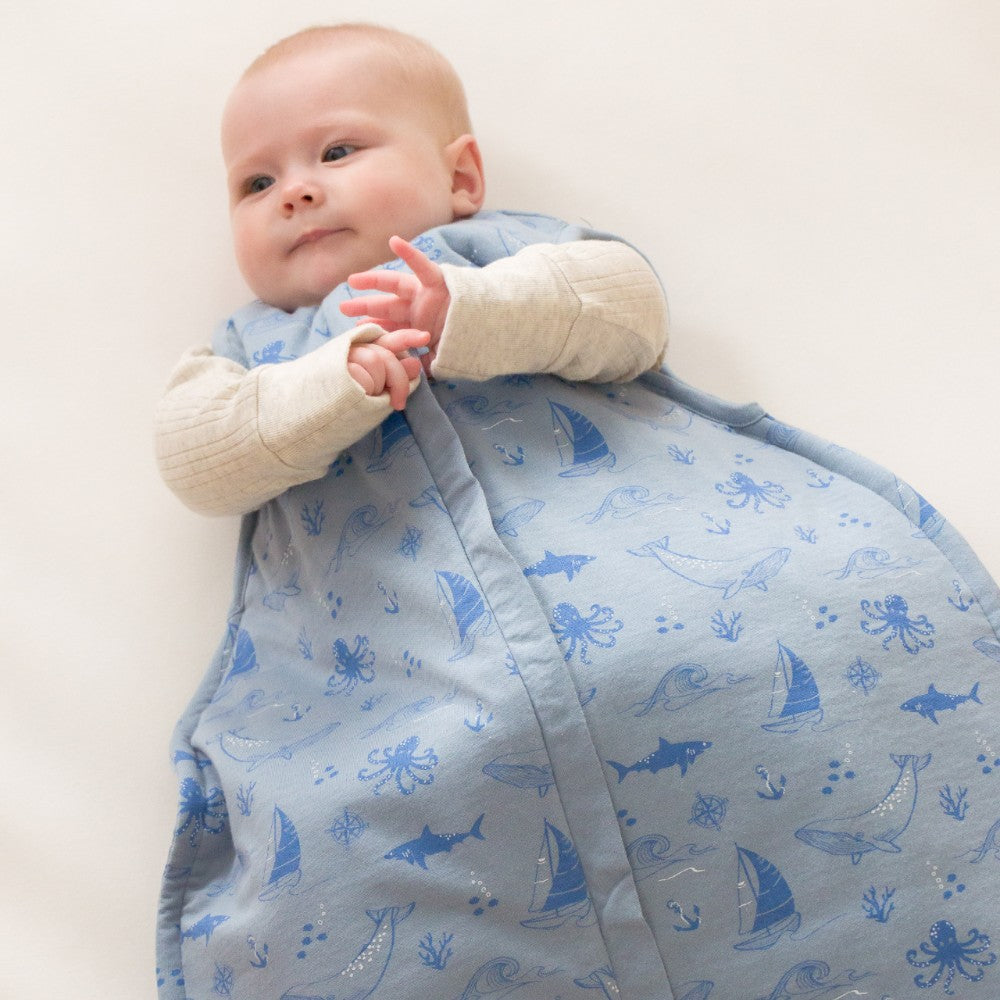 Baby wrapped in a blue patterned sleeping bag on a white background