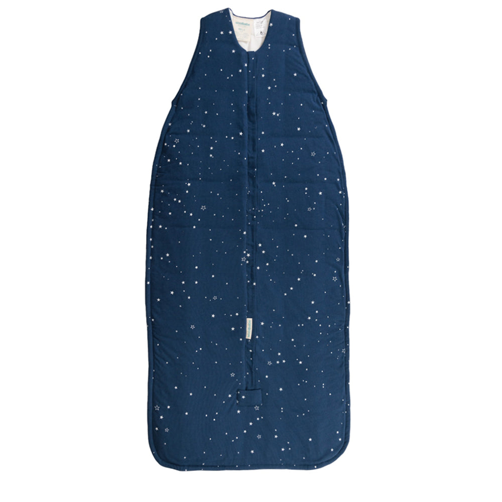 Navy blue sleeping bag with star pattern on a white background