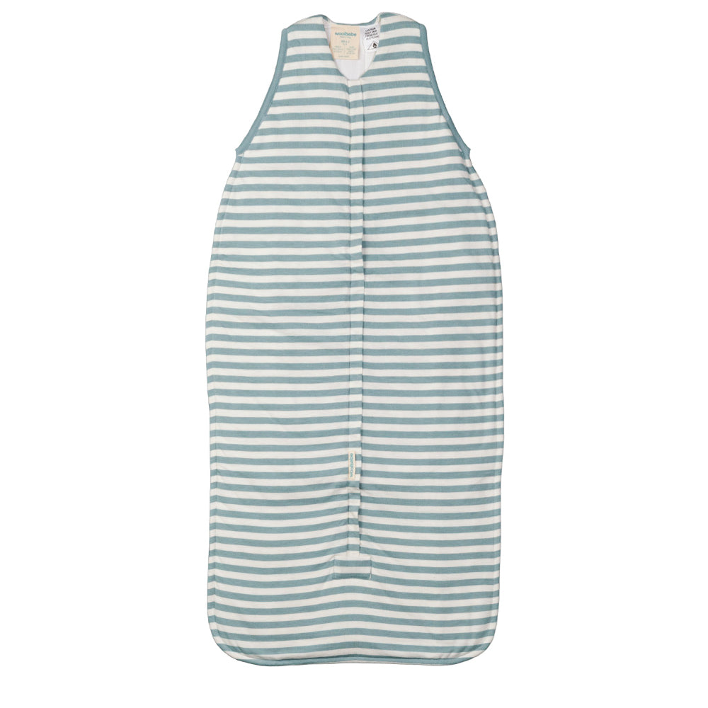 Light teal striped woolbabe baby sleeping bag on a white background