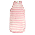 Pink and white striped side-zip baby sleeping bag on a white background
