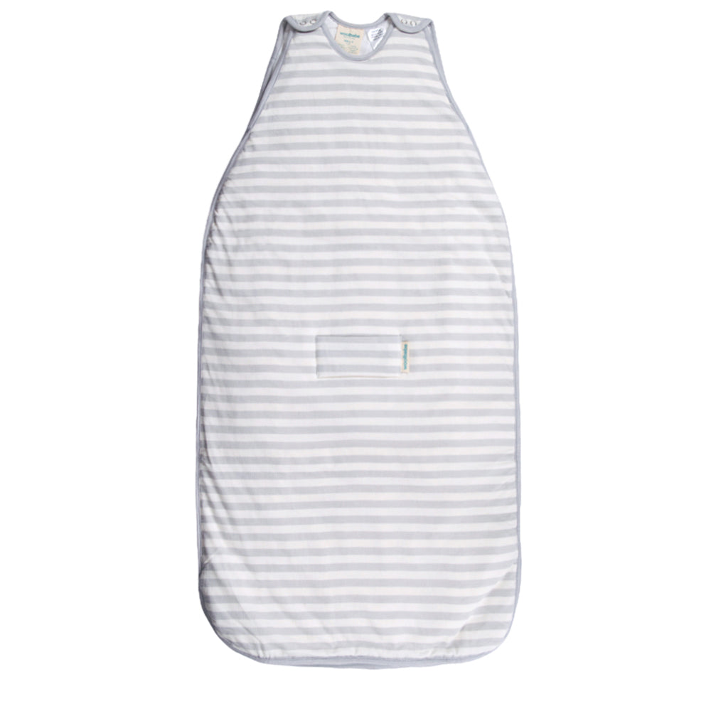 Grey merino striped baby sleeping bag on a white background
