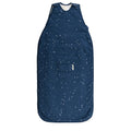 Navy blue side-zip sleeping bag with star pattern on a white background