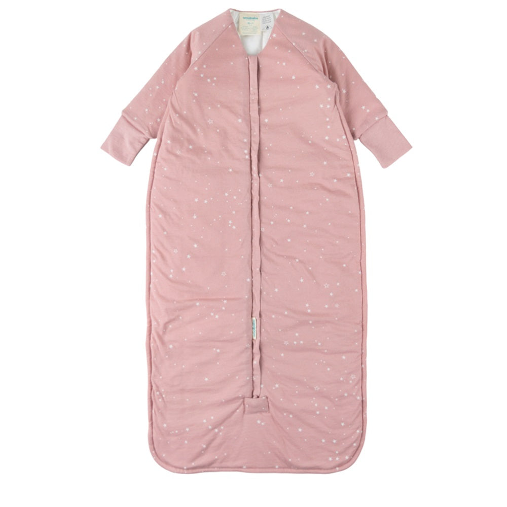 Pink sleeved baby sleeping bag with white star pattern on a white background